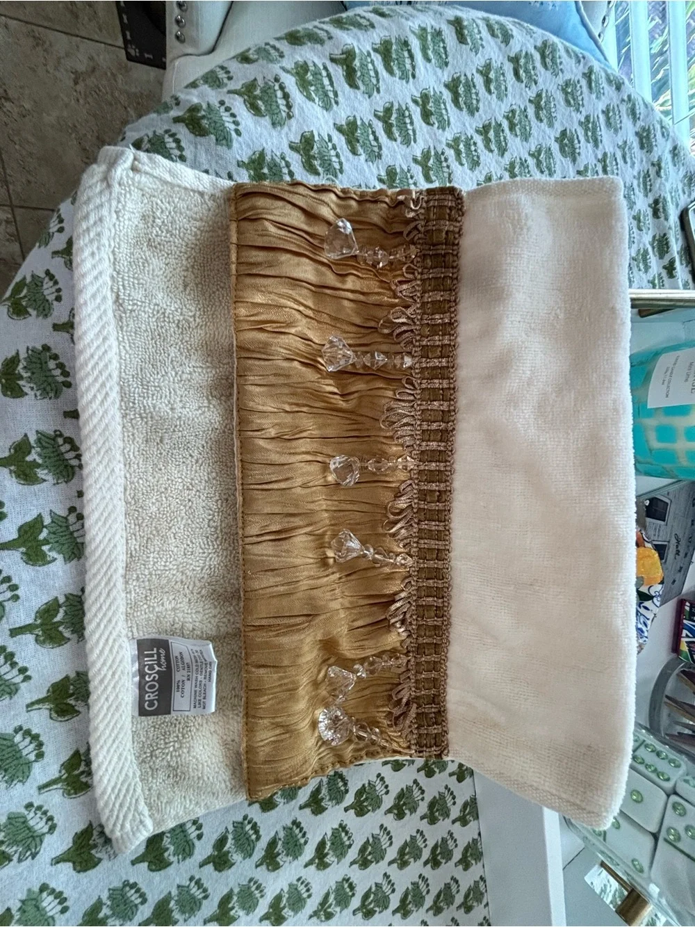 Croscill Home Embellished Hand Towel - Cream & Gold Pleated Satin Beaded Fringe